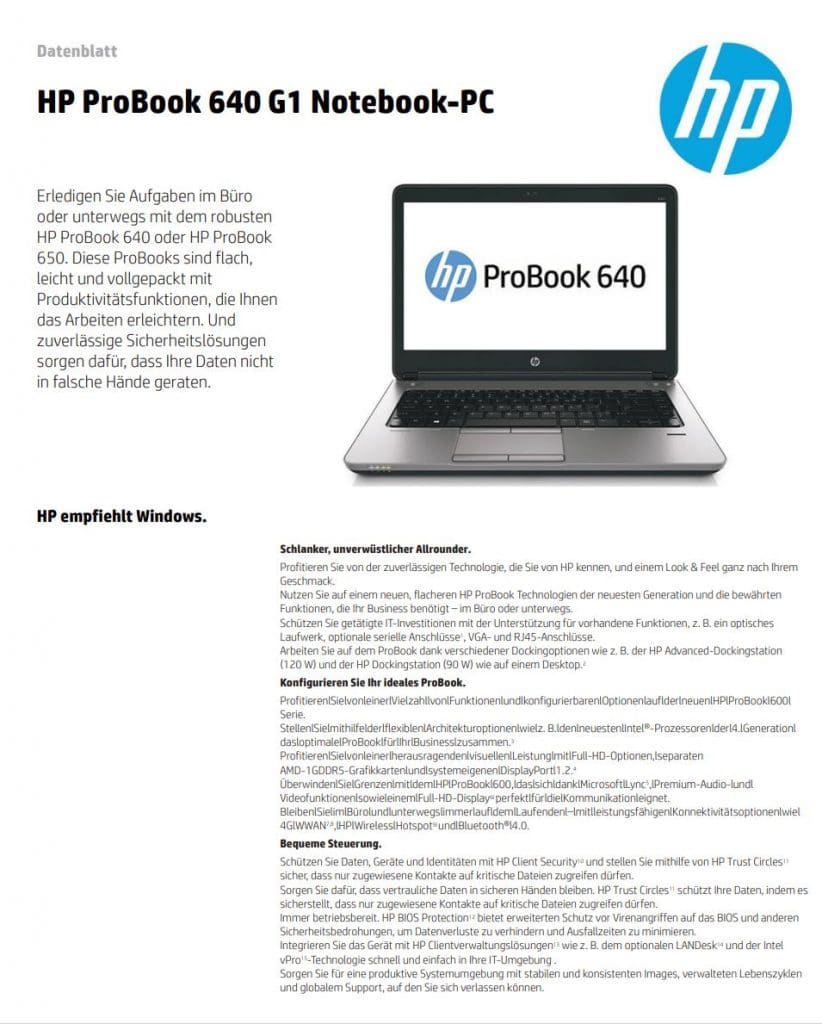 Datenblatt Hp Probook 640g1
